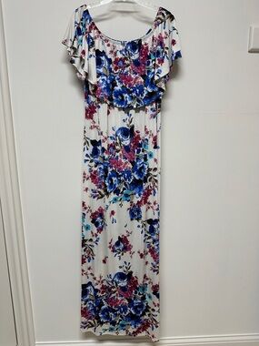 Floral Off-Shoulder Maxi Dress in White, Blue & Pink